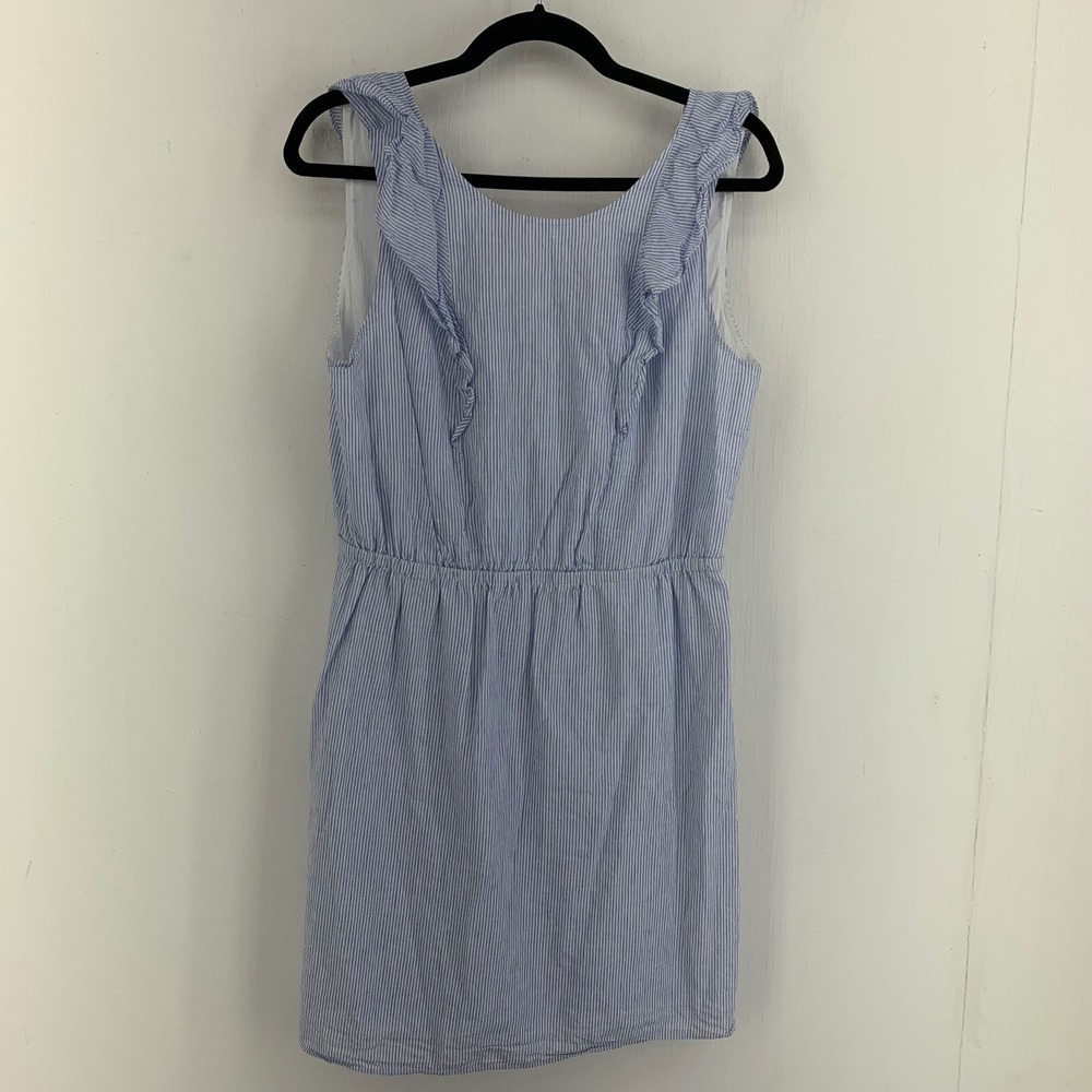 J.Crew Striped Linen Cotton Ruffle Dress Sz 10 Beach Coastal Preppy Nautical